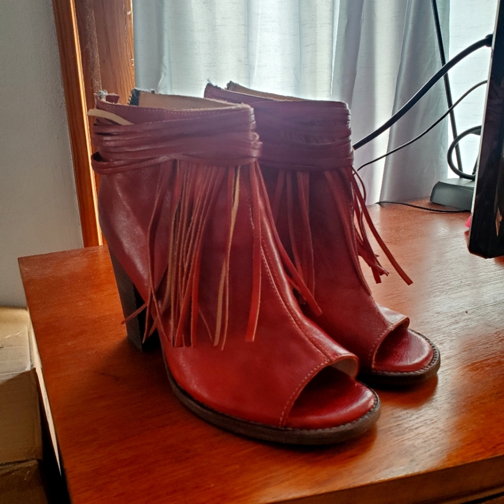 Bed Stu Red Leather Fringe Heeled Bootie